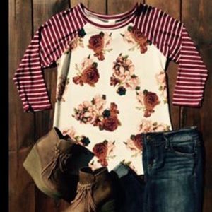 Maroon striped and floral baseball tee shirt